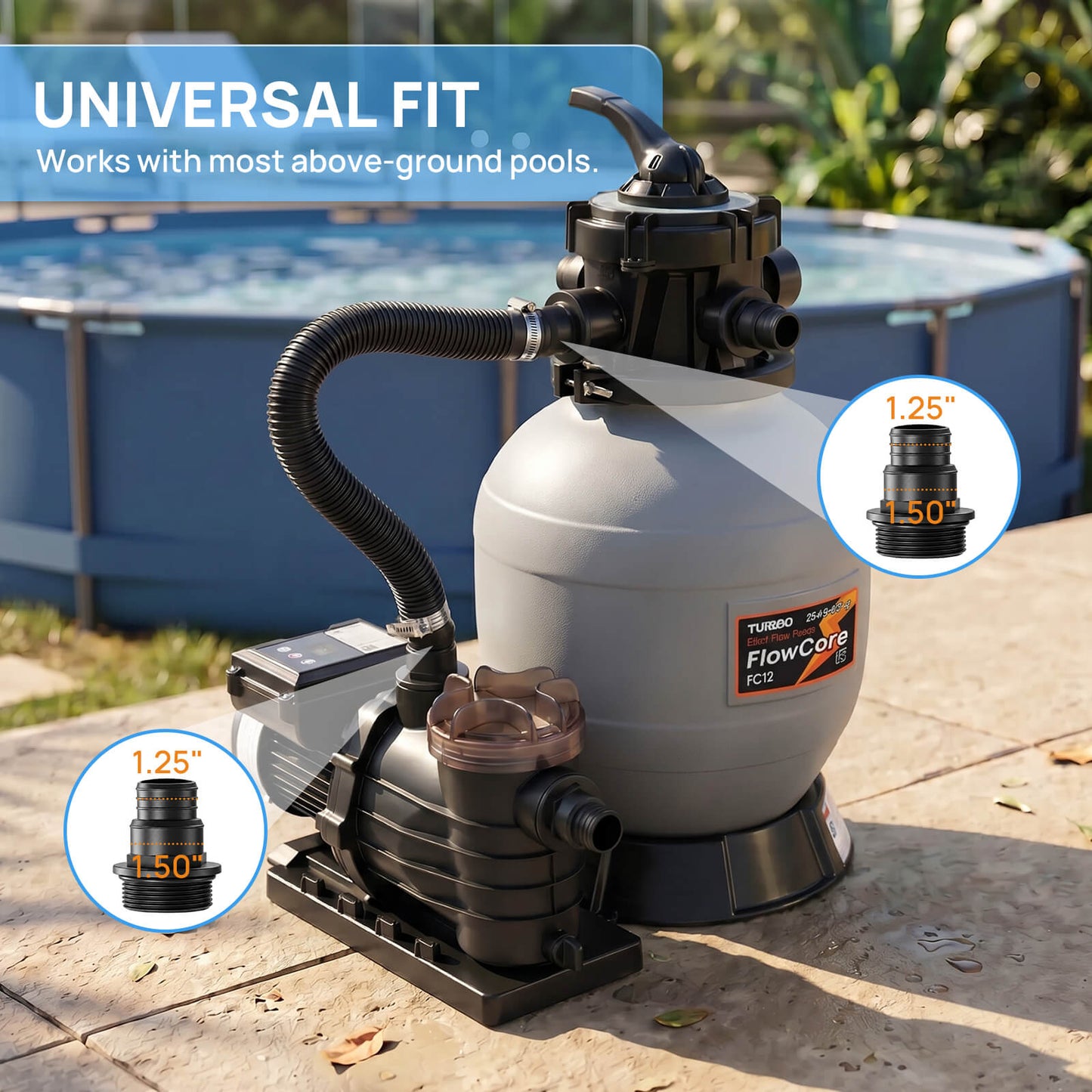 Pool pump with connectors in front of an above-ground pool