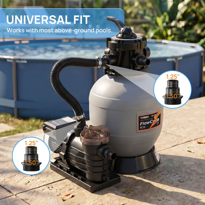 Pool pump with connectors in front of an above-ground pool