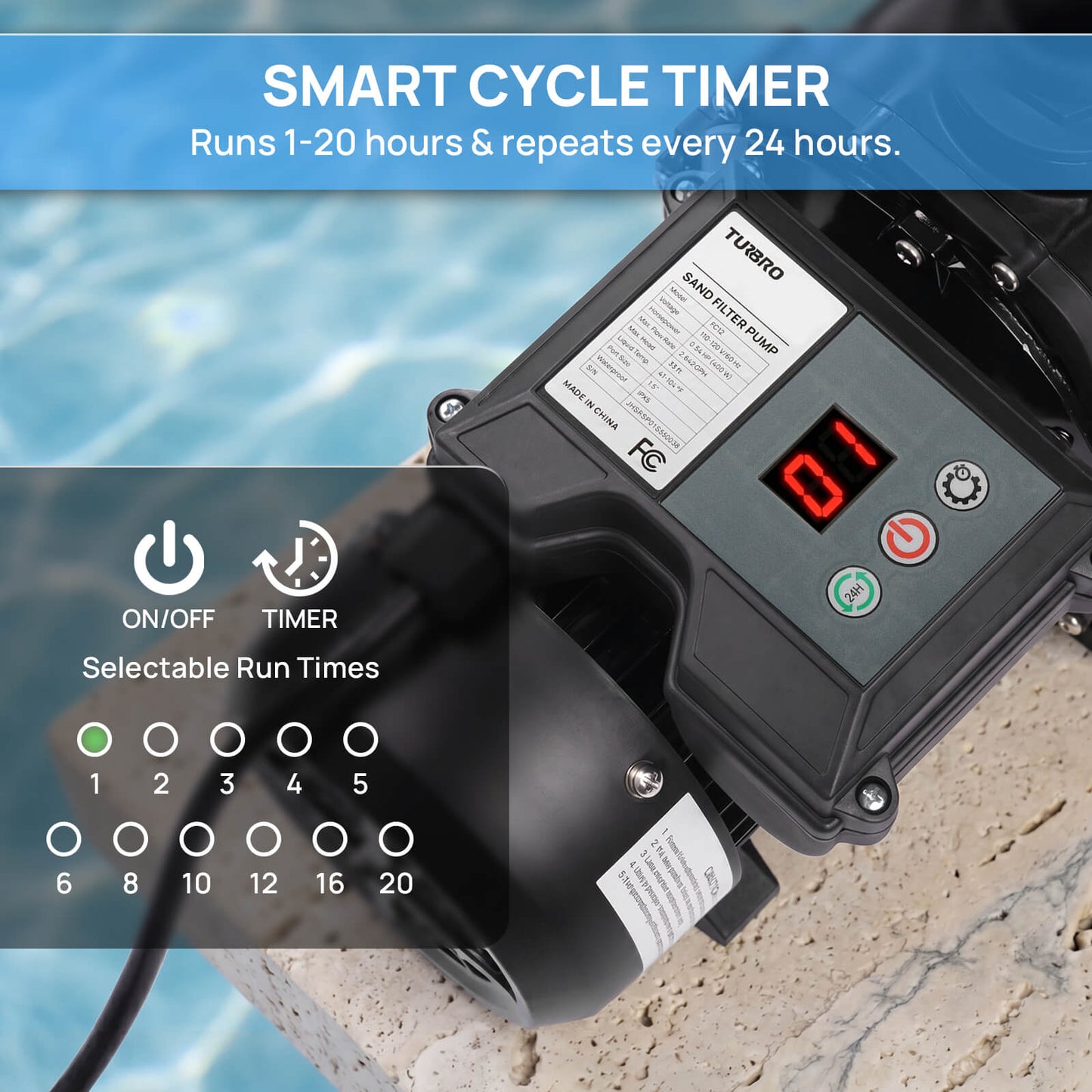 Smart cycle timer for pool equipment with digital display and control buttons, set against a poolside background.