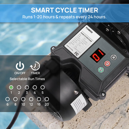Smart cycle timer for pool equipment with digital display and control buttons, set against a poolside background.
