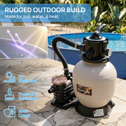 Pool filter system with text highlighting features like UV-resistant, pressure-resistant, and anti-crack design, set against a poolside background.
