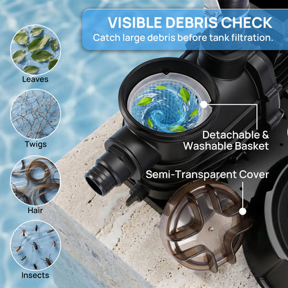 Pool filter with visible debris check feature and labeled components.