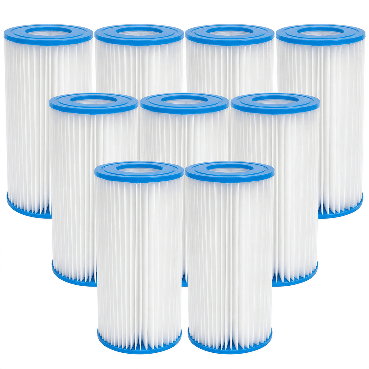 Set of eight cylindrical filter cartridges with blue ends on a white background