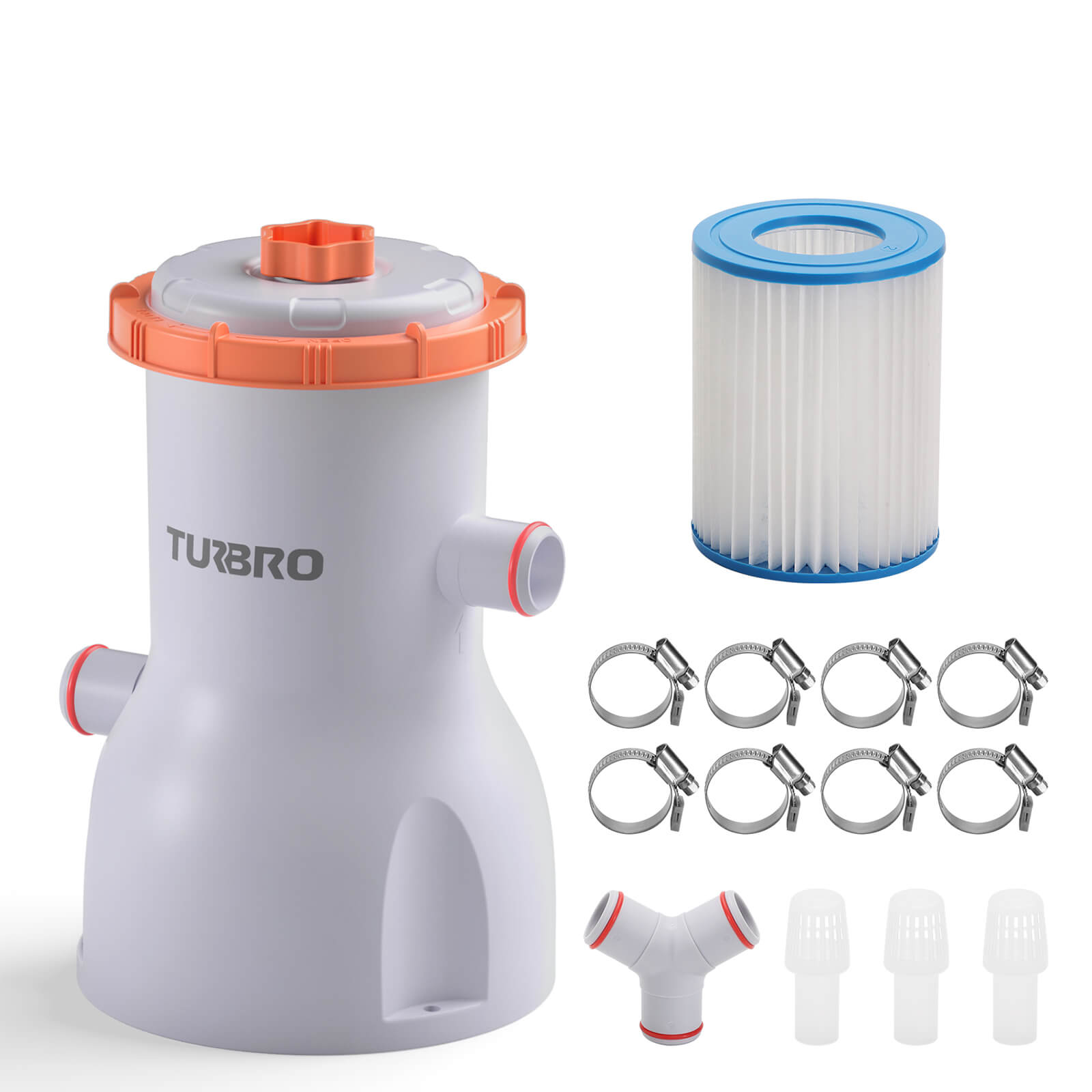 TURBRO pool filter system with additional filters and connectors on a white background