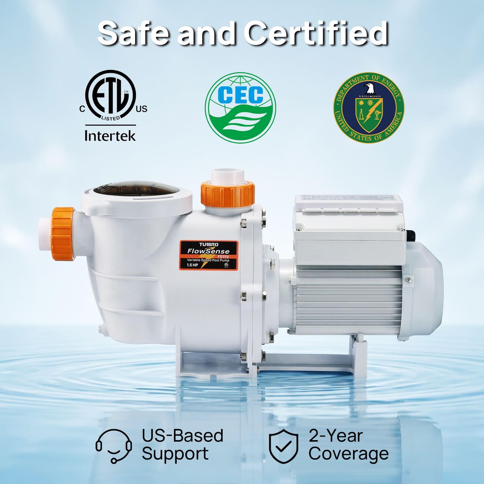 Pump with certification logos and product features on a water background