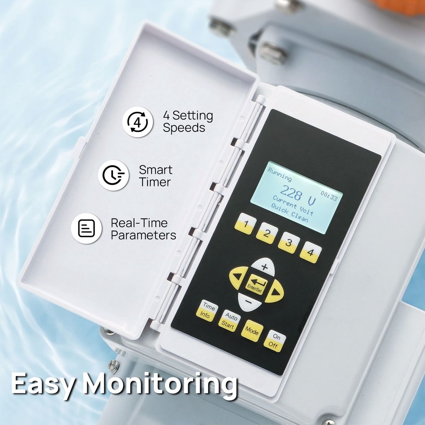 Digital device with a display and control buttons on a light blue background