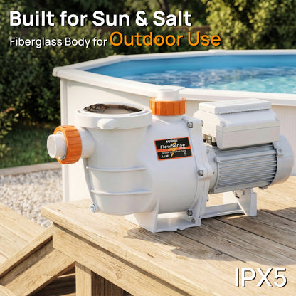 Pool pump with 'Built for Sun & Salt' text, fiberglass body for outdoor use, and IPX5 rating on a wooden deck.
