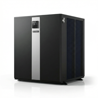 Black air conditioning unit with silver accents on a white background