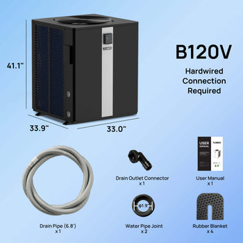 Pool heat pump with dimensions, accessories, and specifications on a light blue background ,view 2