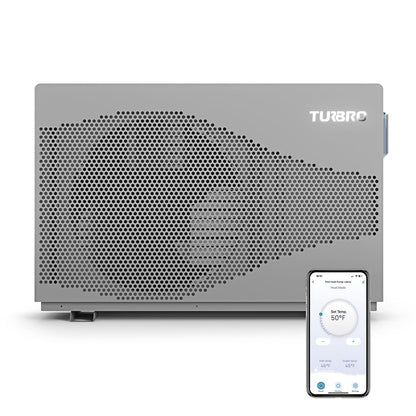 Gray pool heat pump with smartphone displaying temperature control app on a white background