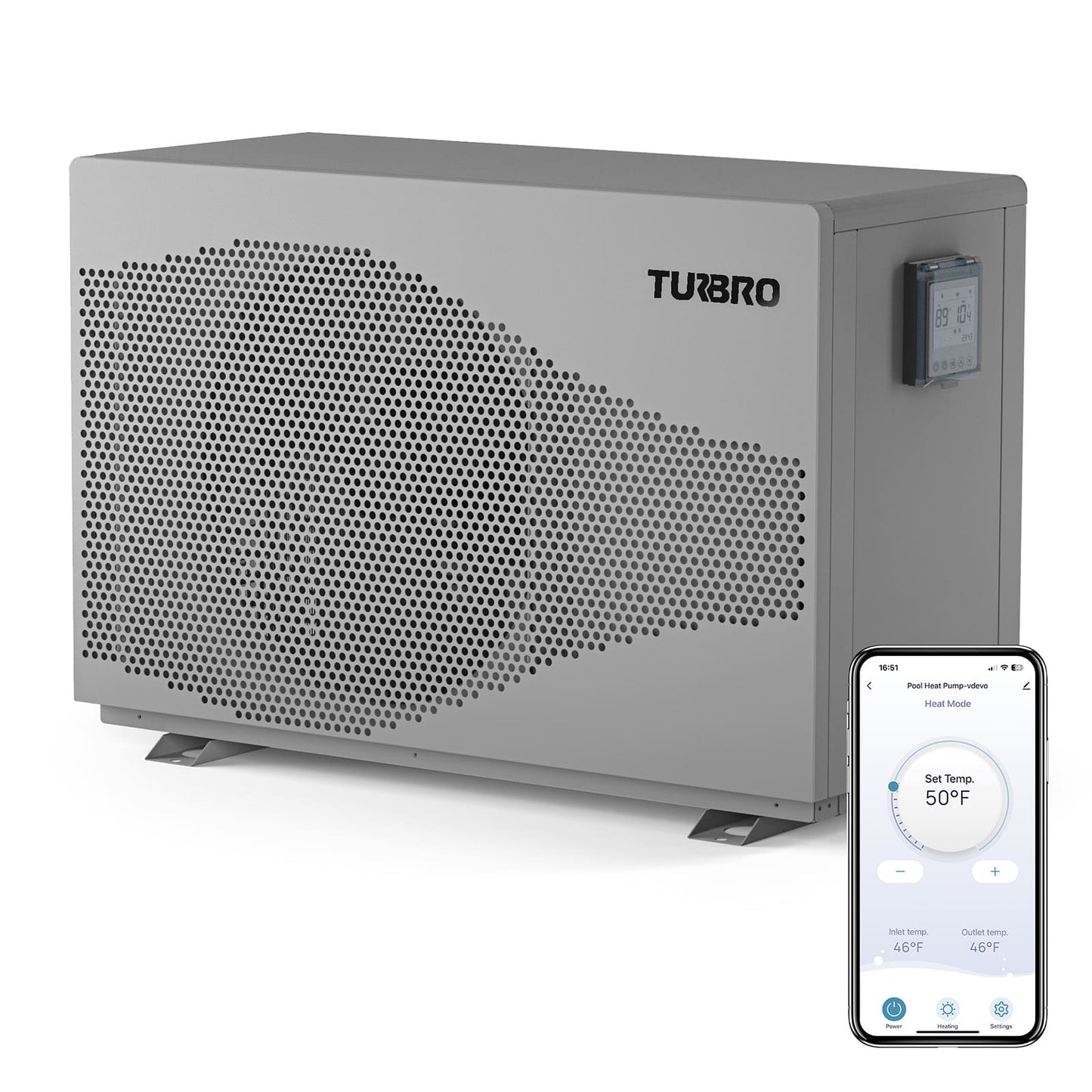 Gray pool heat pump with smartphone displaying temperature control app on a white background