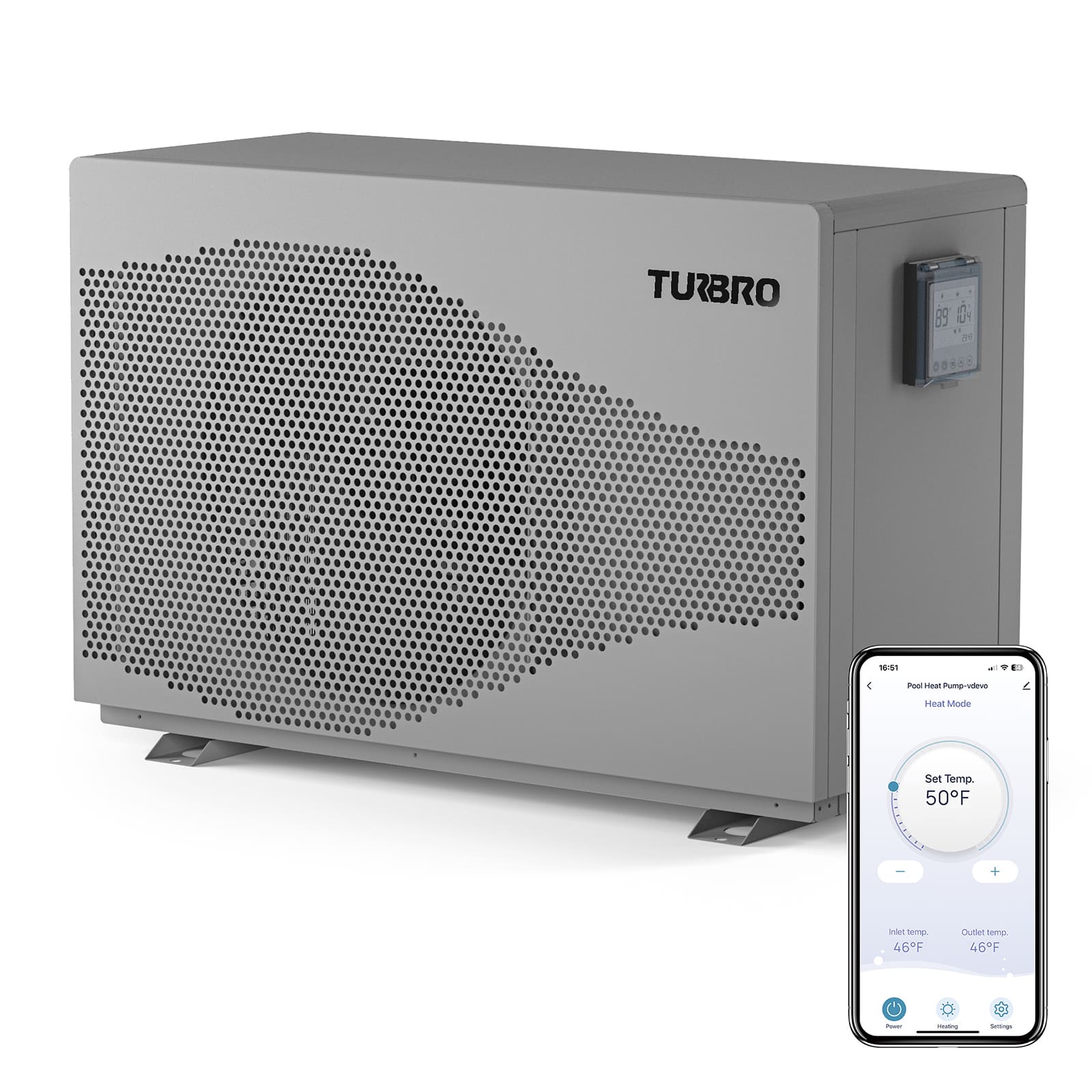 Gray pool heat pump with smartphone displaying temperature control app on a white background