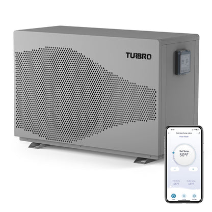 Gray pool heat pump with smartphone displaying temperature control app on a white background