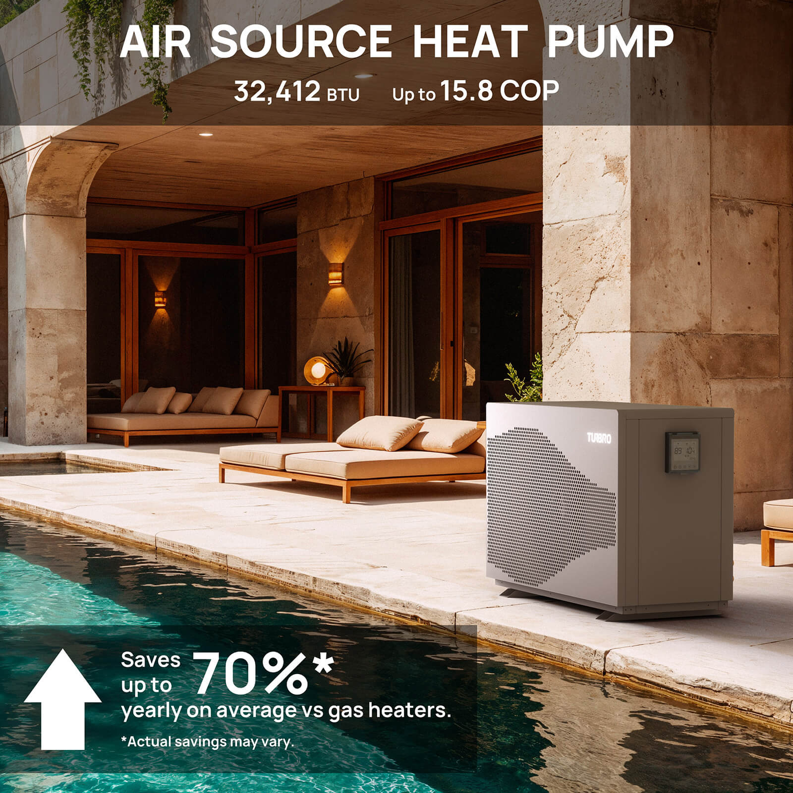 Air source heat pump by a pool with text highlighting energy savings.