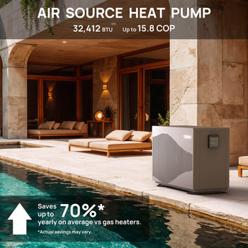 Air source heat pump by a pool with text highlighting energy savings. ,view 2