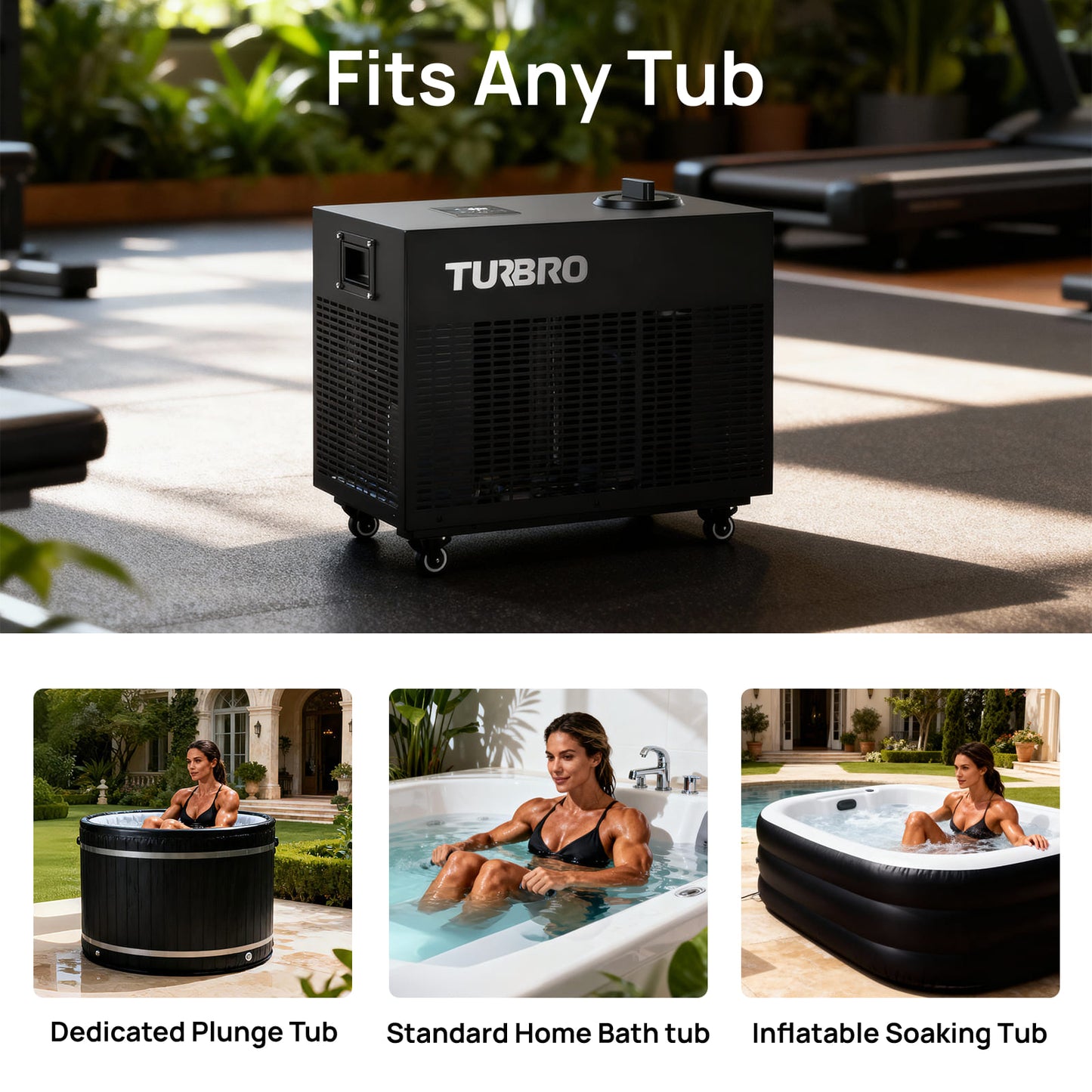 Turbo bathtub heater with images of people using it in different types of tubs outdoors.