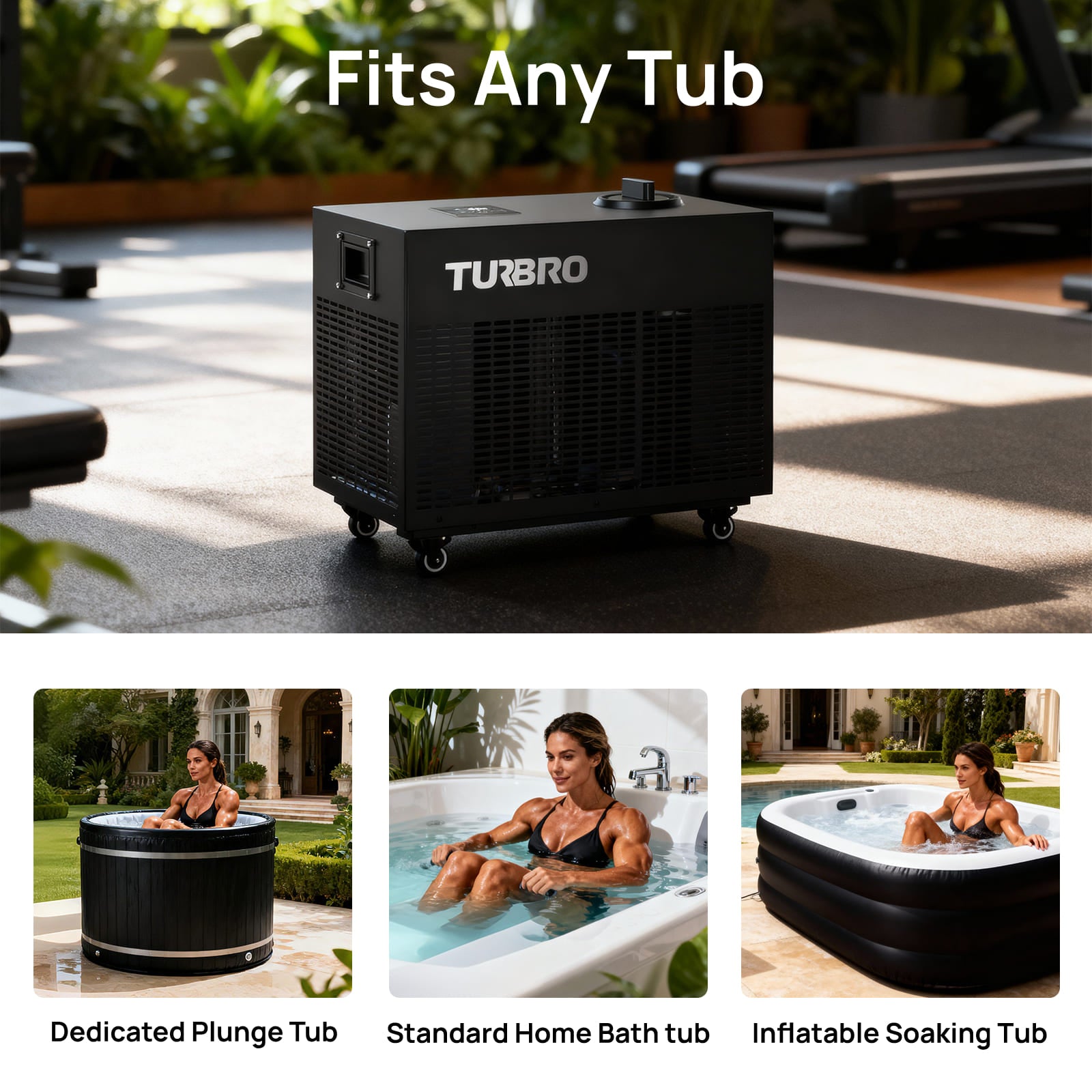 Turbo bathtub heater with images of people using it in different types of tubs outdoors.