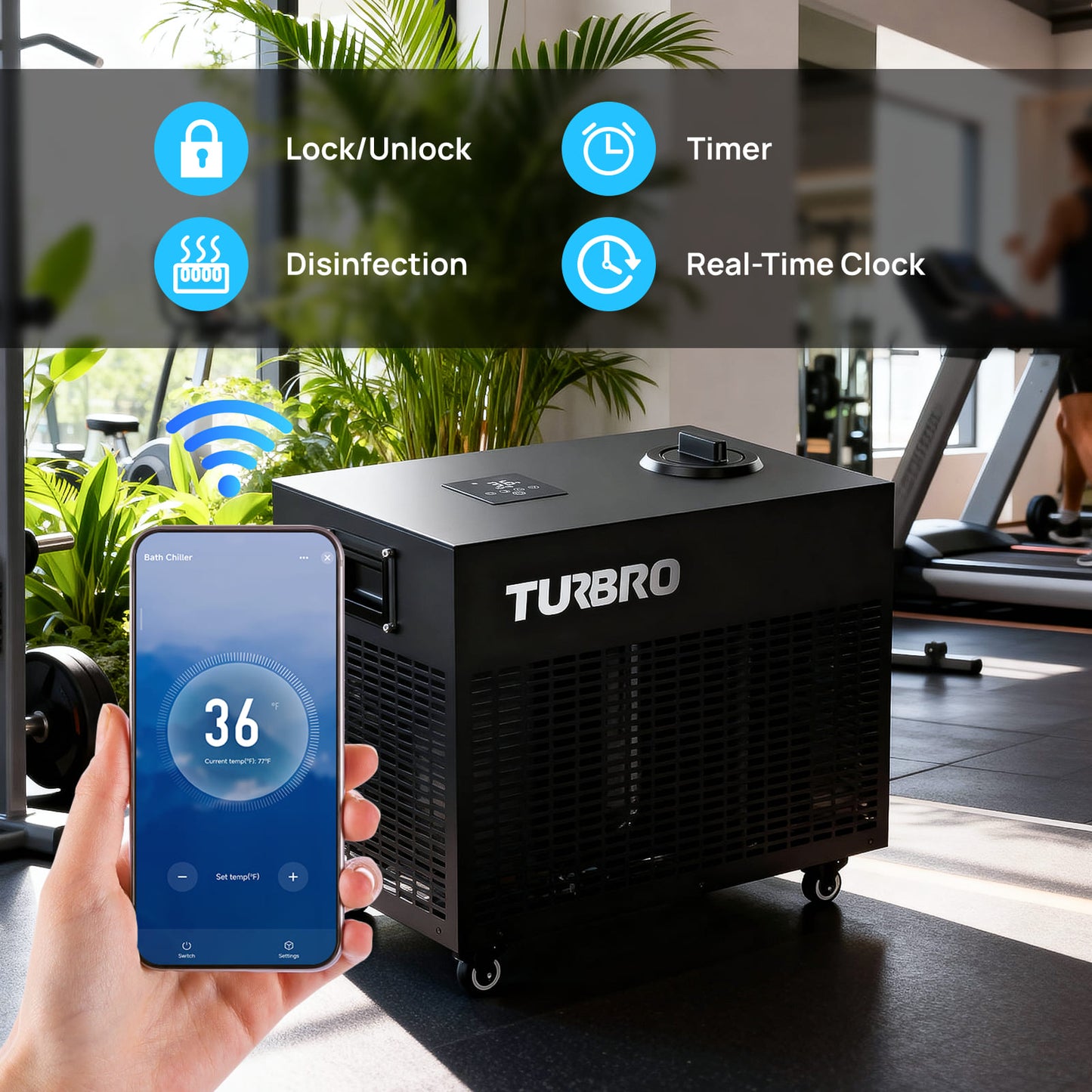Turbo Ice Bath Water Chiller with smartphone app control in a home setting