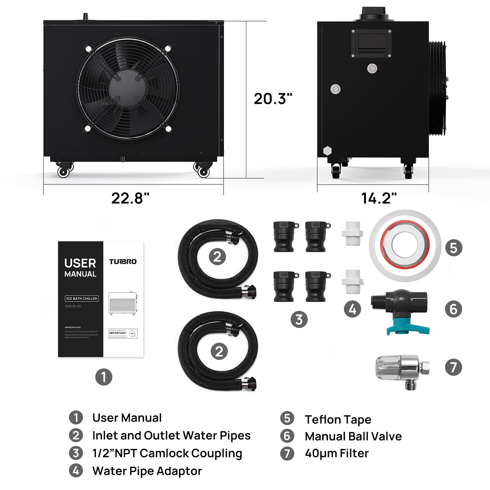 Turbo Ice Bath Water Chiller with components and dimensions on a white background