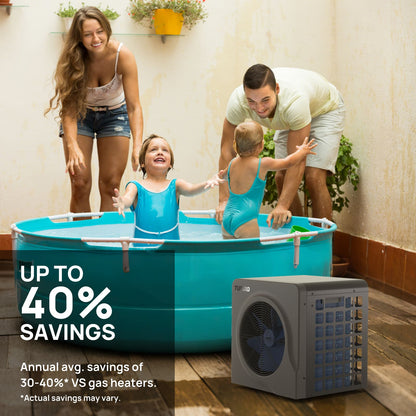 Family with children playing in a portable pool with a pool heat pump unit in the foreground.