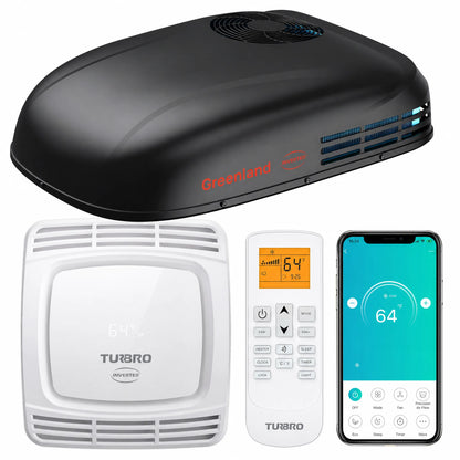 TUBRO indoor air quality and heating/cooling system bundle showing a black roof-mounted heat pump unit, a white indoor air handler, a white remote control, and a smartphone app screen on a white background.