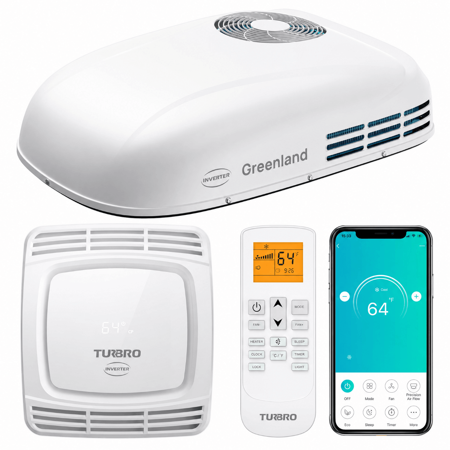 Greenland inverter heat pump system components including a white dome-shaped roof unit, a white indoor thermostat, a white remote control, and a smartphone showing the companion app, all on a light gray background.