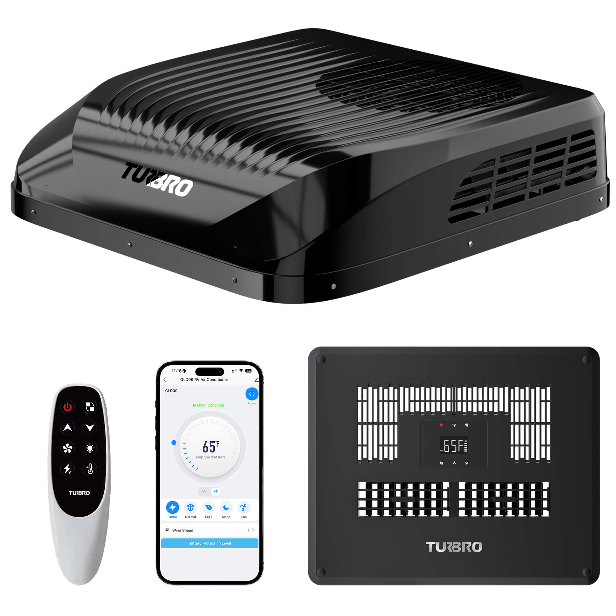 Turbro RV air conditioner with remote control and smartphone app on a white background