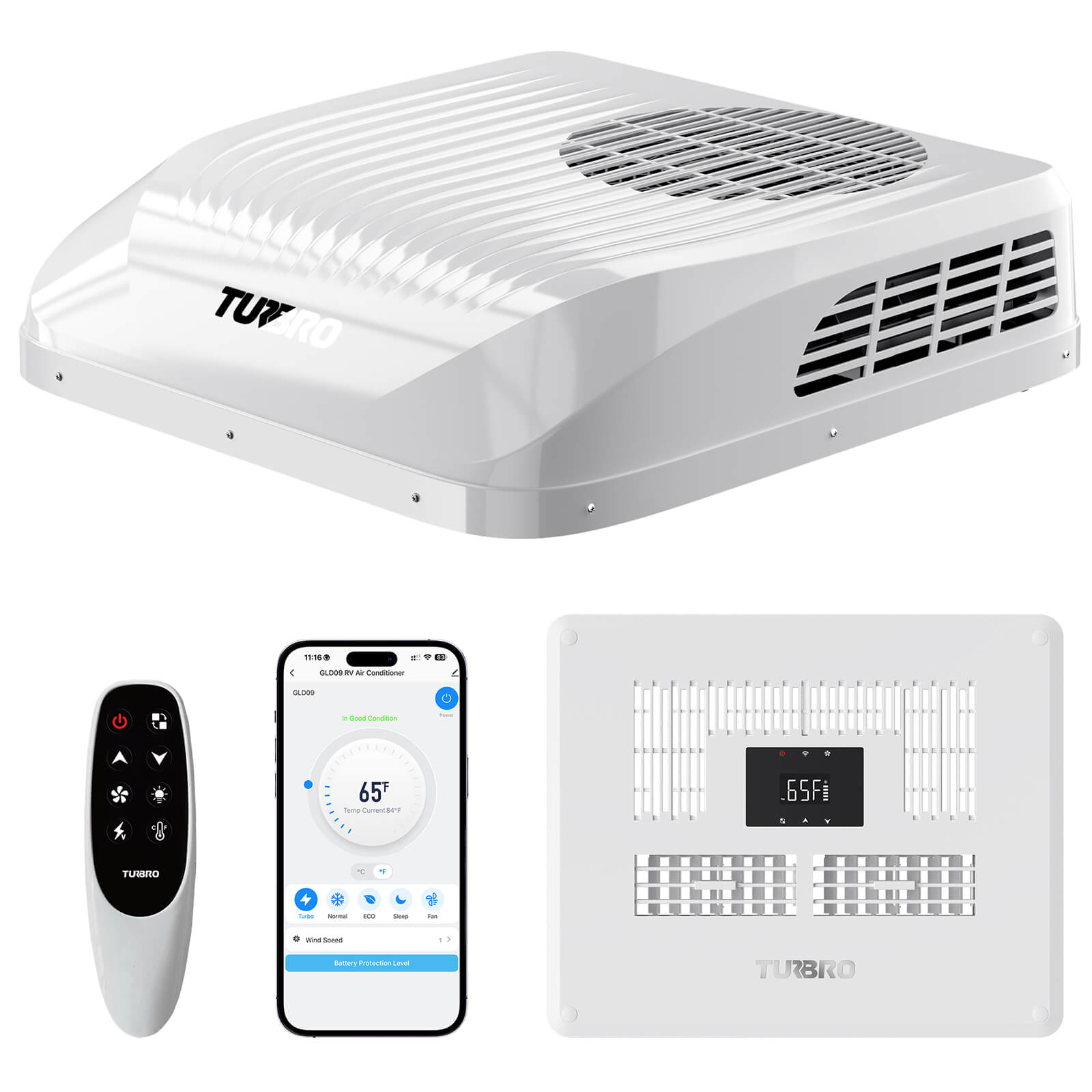 Turbro air conditioning unit with remote control, smartphone app, and additional wall-mounted unit on a white background.