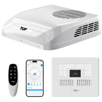 Turbro air conditioning unit with remote control, smartphone app, and additional wall-mounted unit on a white background. ,view 2