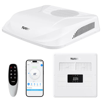 Turbro air conditioning unit with remote control, smartphone app, and wall-mounted control panel on a white background.,view 1