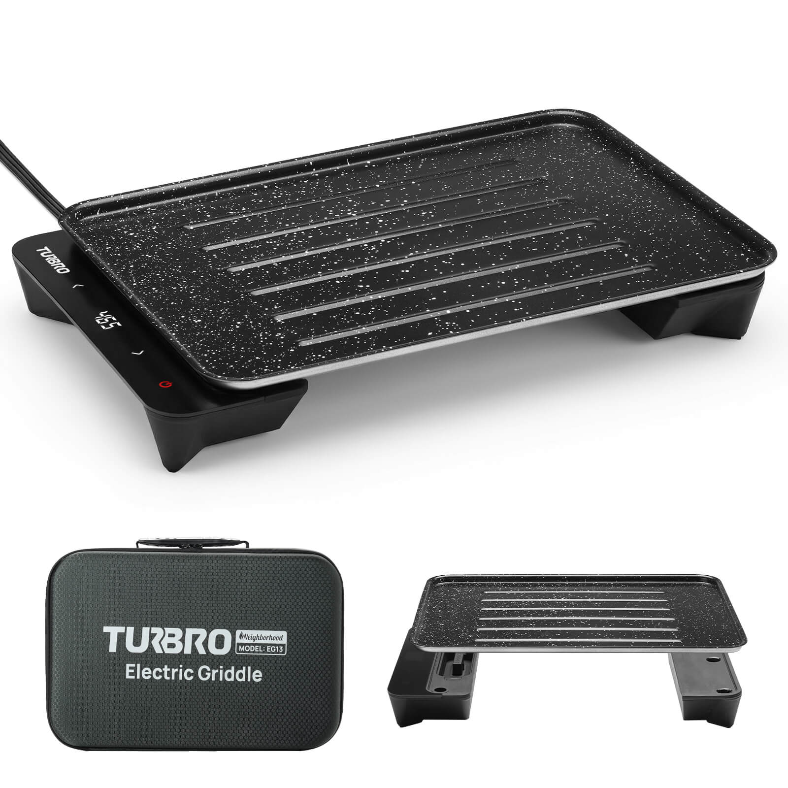 Turbo electric griddle with carrying case on a white background