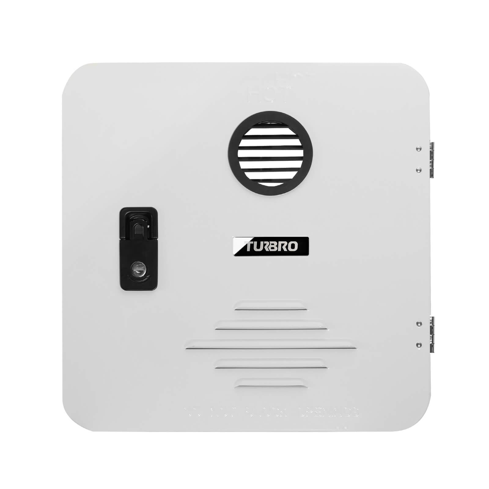White electronic device with a black logo on a white background