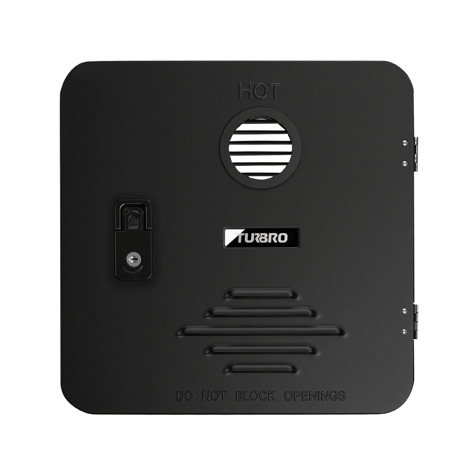 Black metal box with 'Turbo' branding on a white background