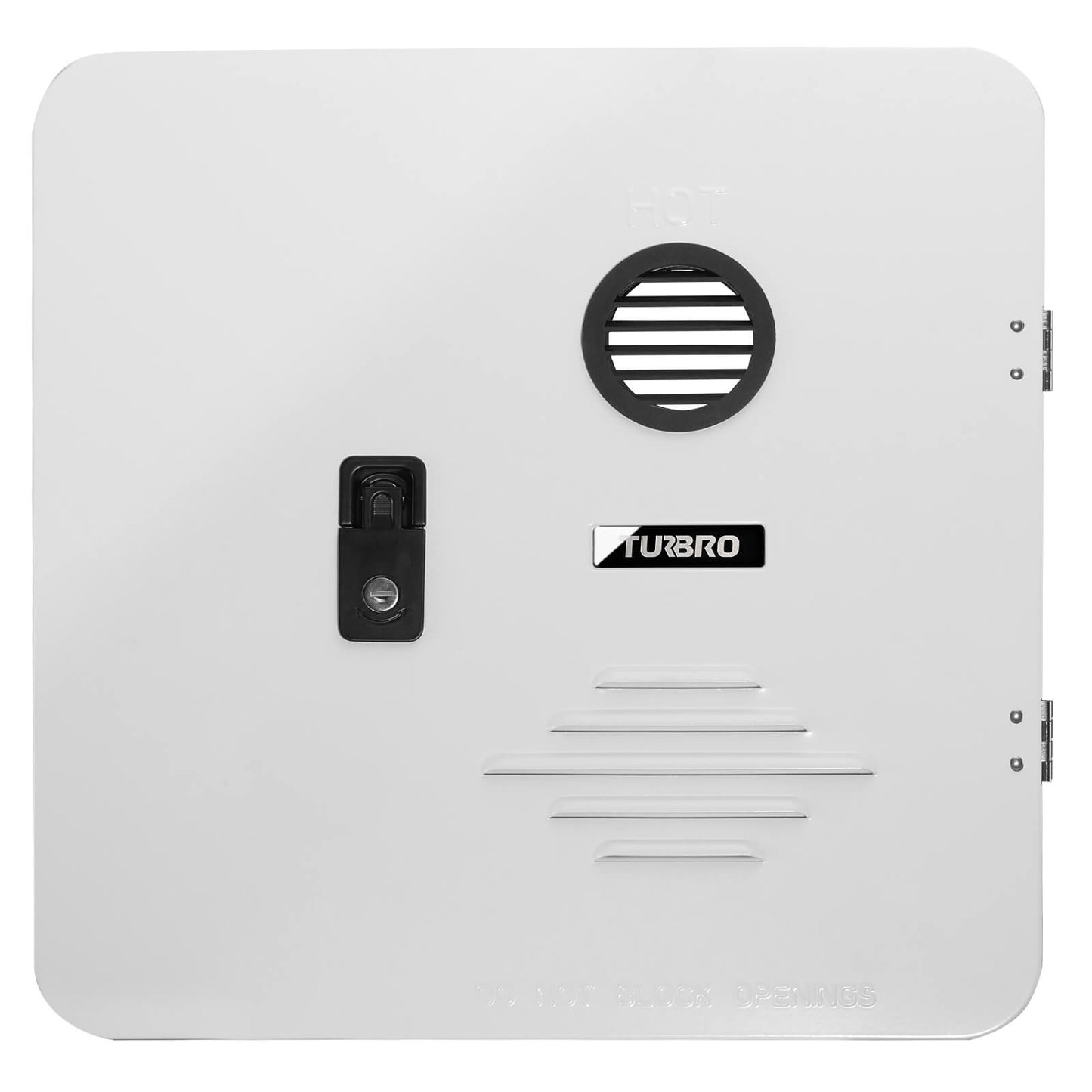 White electronic device with a black circular vent and 'Turbo' branding on a white background