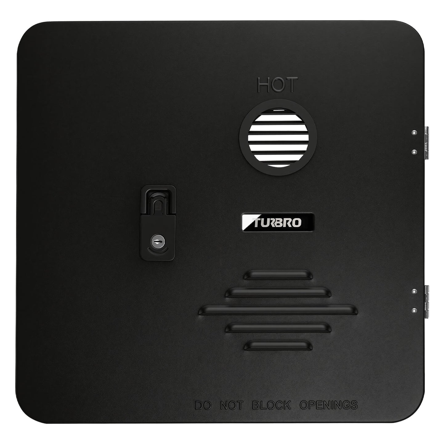 Black wall-mounted device with 'Turbo' branding on a white background