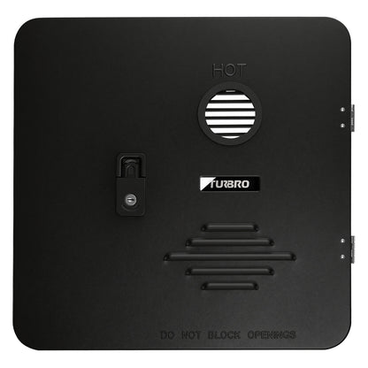 Black wall-mounted device with 'Turbo' branding on a white background