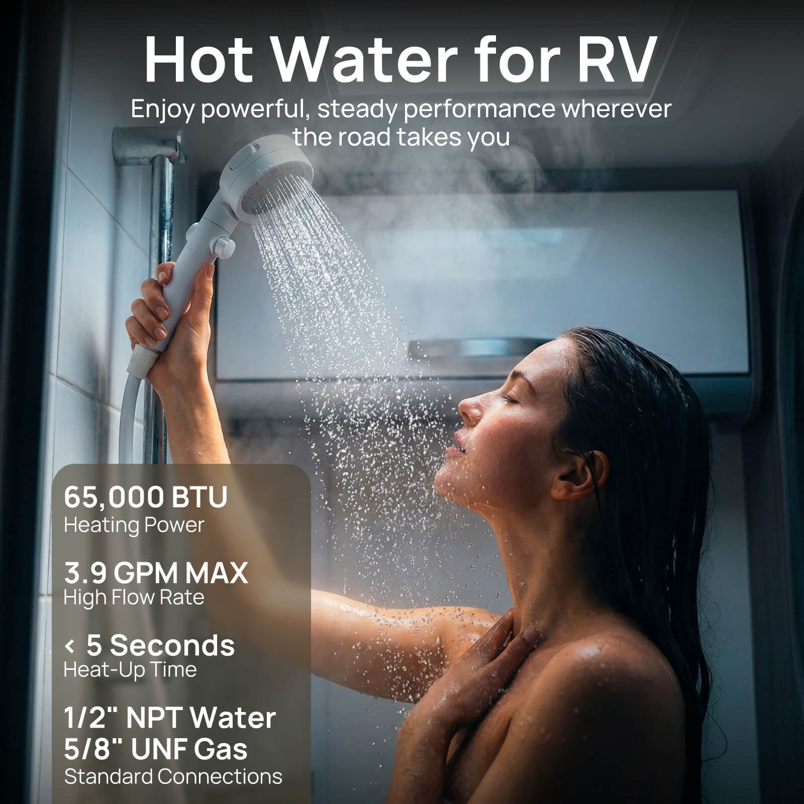 Person showering with text about hot water for RV, including specifications.