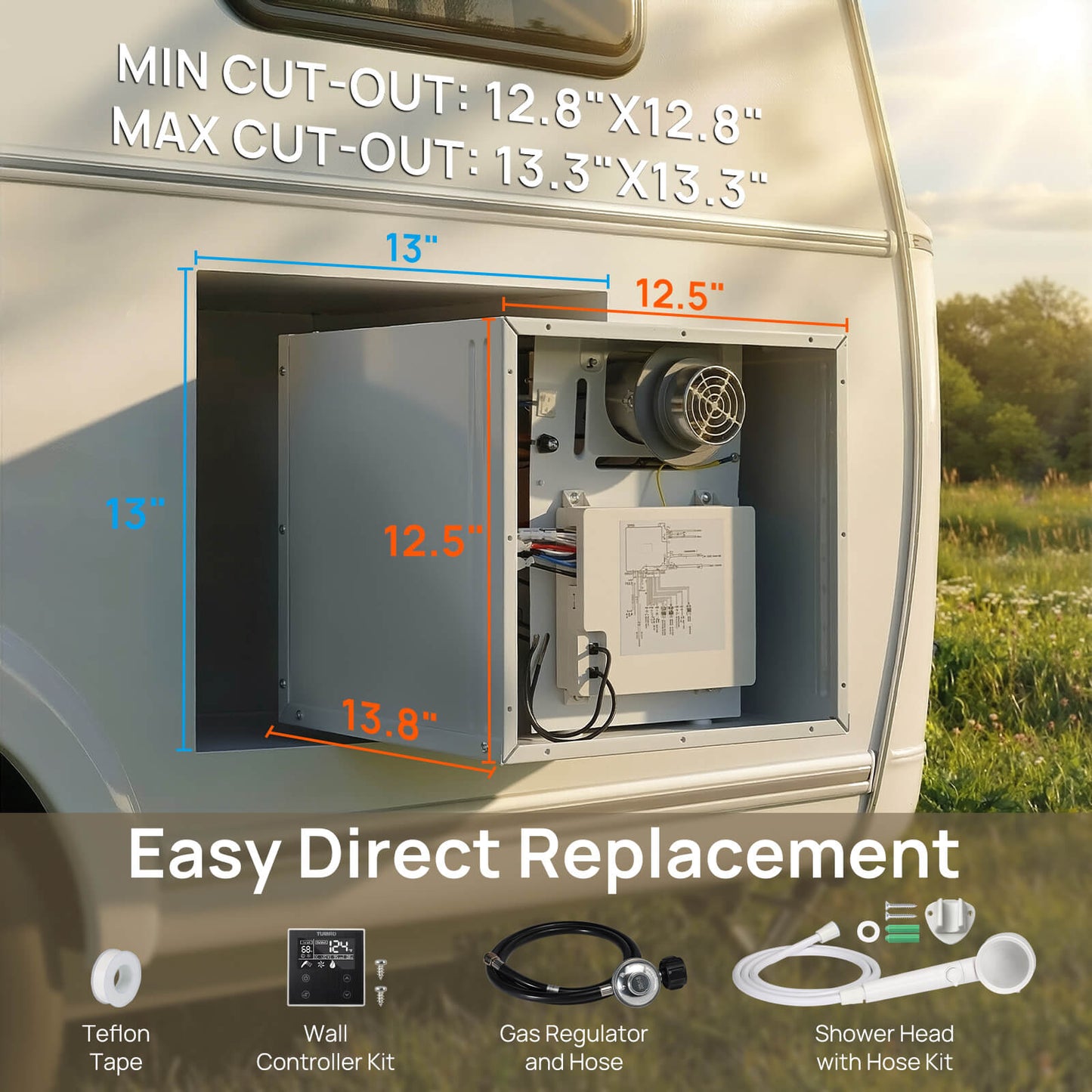Measurement chart of a vehicle's cut-out area for an RV refrigerator with outdoor setting.