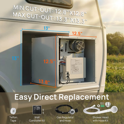 Measurement chart of a vehicle's cut-out area for an RV refrigerator with outdoor setting.
