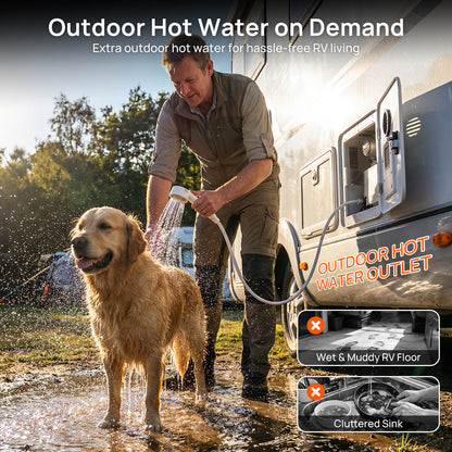 Man washing a dog outdoors next to an RV with text about outdoor hot water on demand.