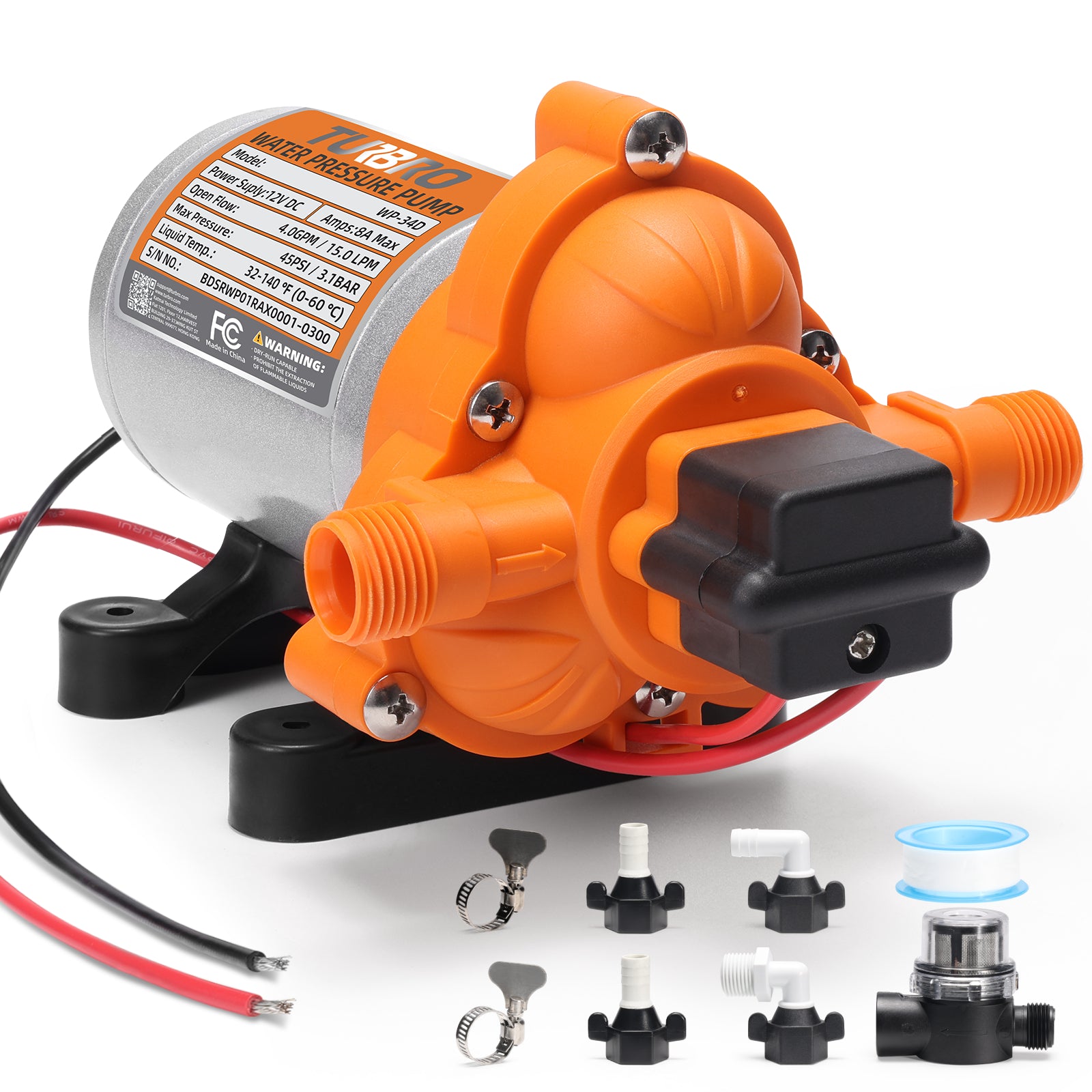 Orange and black pump with accessories on a white background