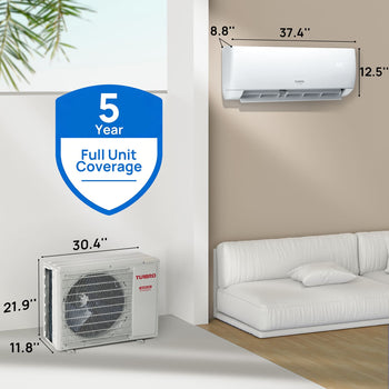 Turbro air conditioner split system shown installed on a beige wall above a white sofa, with outdoor condenser unit shown separately. The image includes dimension labels for the wall-mounted unit and a blue shield badge reading 5 Year Full Unit Coverage. ,view 2