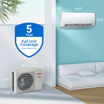 Air conditioning unit with dimensions and 5-year full unit coverage badge in a room with a sofa and plant. ,view 2