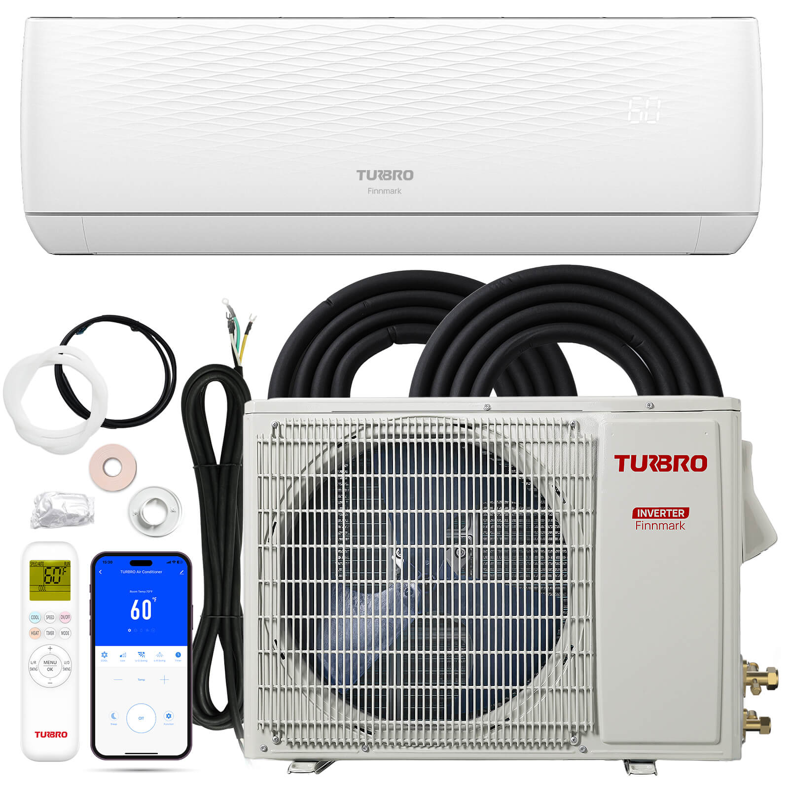 TURBRO air conditioning unit with accessories on a white background