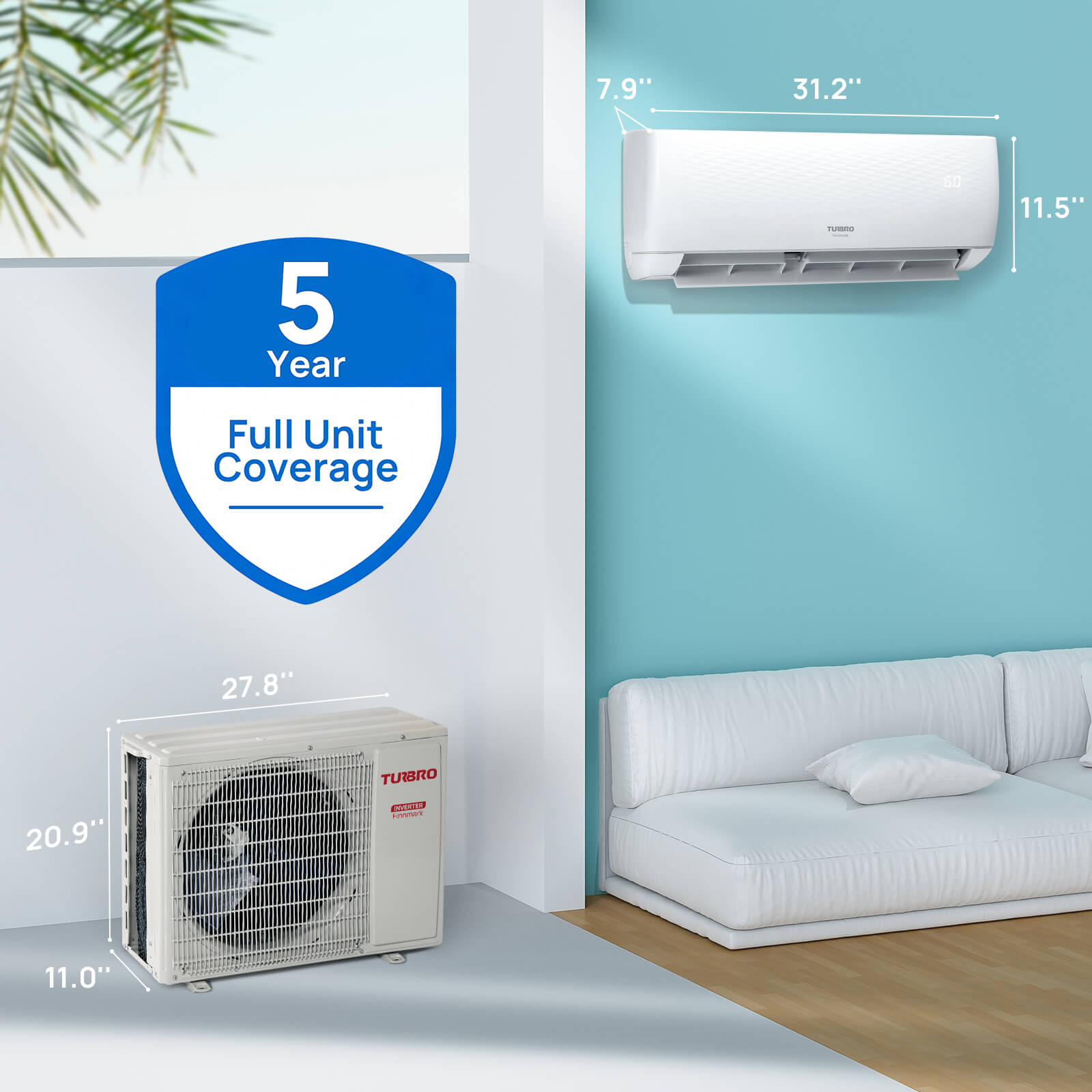 Air conditioning unit with dimensions and 5-year full unit coverage badge in a room with a sofa and plant.