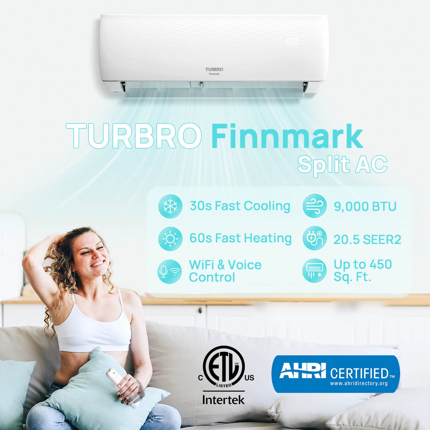 TURBRO Finnmark split AC advertisement with a woman on a couch