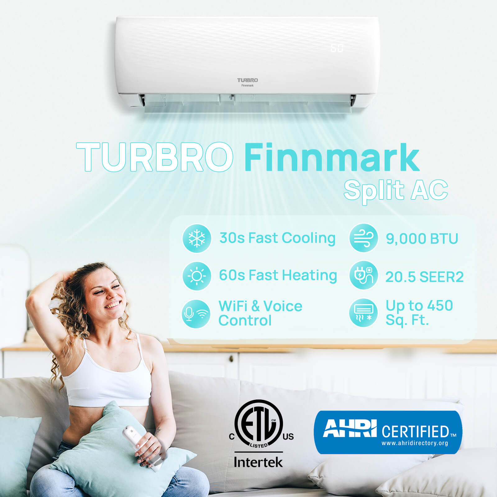 TURBRO Finnmark split AC advertisement with a woman on a couch