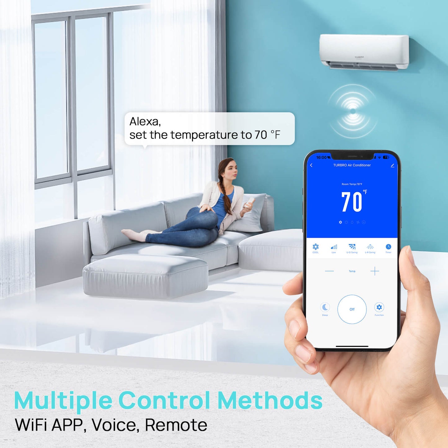 Person using a smartphone to control an air conditioner with Alexa voice command, in a living room setting.