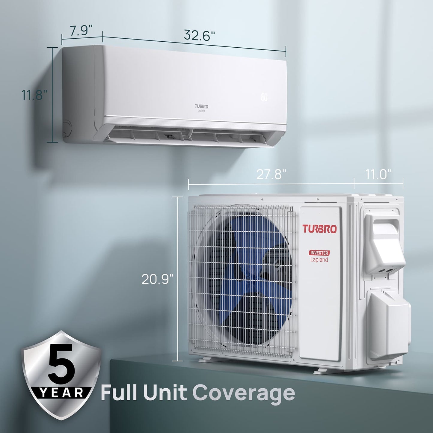 Turbo air conditioning unit with dimensions and 5-year full unit coverage badge on a light gray background
