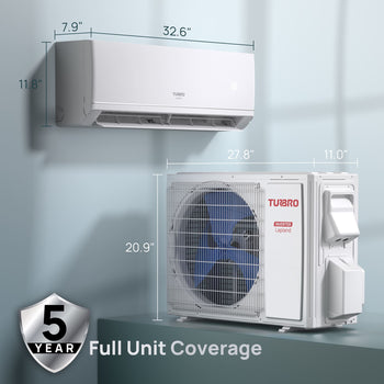 Turbo air conditioning unit with dimensions and 5-year full unit coverage badge on a light gray background ,view 2